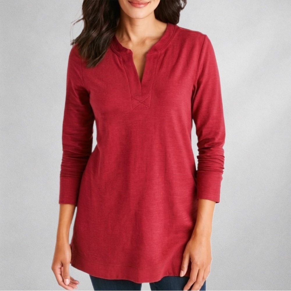 J. Jill Textured-Knit Tunic Blouse Red V-Neck Long Sleeve XS Cotton Blend Top